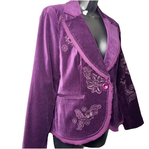 NWOT Focus 2000 Size 6 Purple Velvet Blazer Jacket Embroider Lash Fringe Pocket - Picture 3 of 10